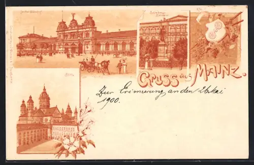 Lithographie Mainz, Central-Bahnhof, Gutenberg-Denkmal, Dom