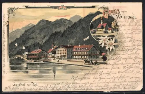 Lithographie Walchensee, Gasthof zur Post, Kirche