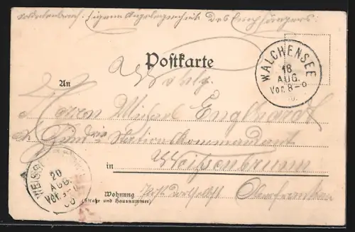 Lithographie Walchensee, Gasthof zur Post, Kirche