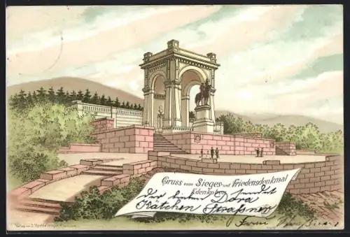 Lithographie Rüdesheim / Rhein, Sieges- und Friedensdenkmal (Niederwalddenkmal)