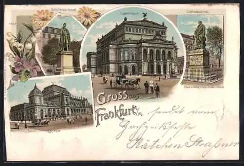 Lithographie Frankfurt a. M., Opernhaus, Schillerdenkmal, Goethedenkmal, Börse