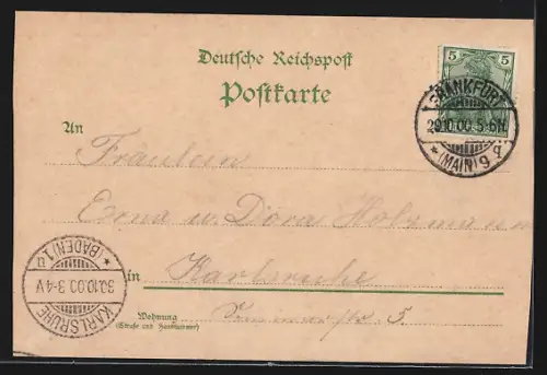 Lithographie Frankfurt a. M., Opernhaus, Schillerdenkmal, Goethedenkmal, Börse