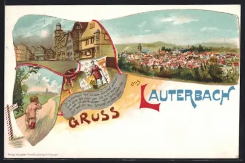 Lithographie Lauterbach / Hessen, Stadtansicht und historische Gebäude