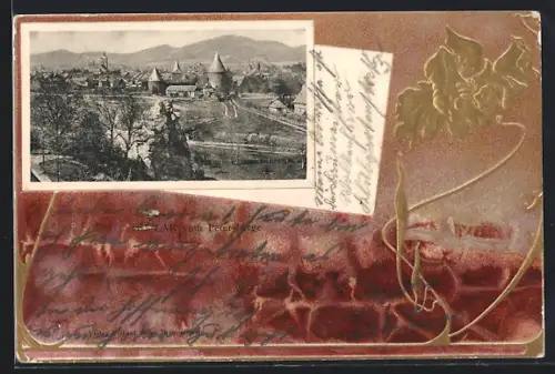 AK Goslar, Blick vom Petersberge, Florales Passepartout