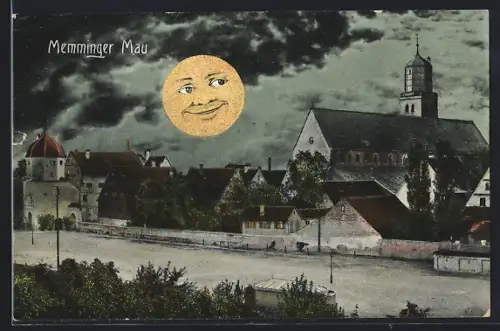 AK Memmingen, Memminger Mau, Stadtmauer, Kirche, Stadttor bei Nacht