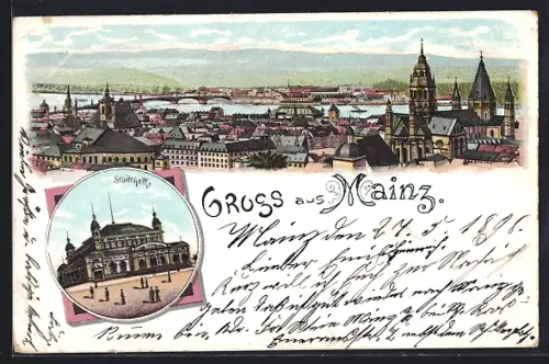 Lithographie Mainz, Stadtpanorama, Staatstheater
