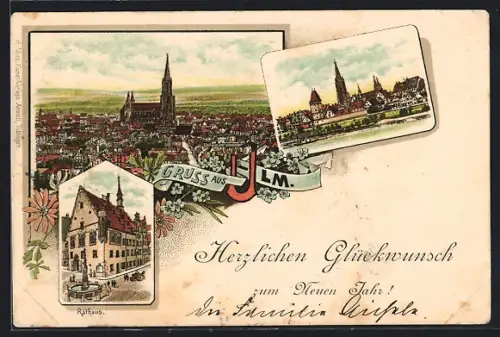 Lithographie Ulm / Donau, Rathaus, Ortspanorama und Kirche