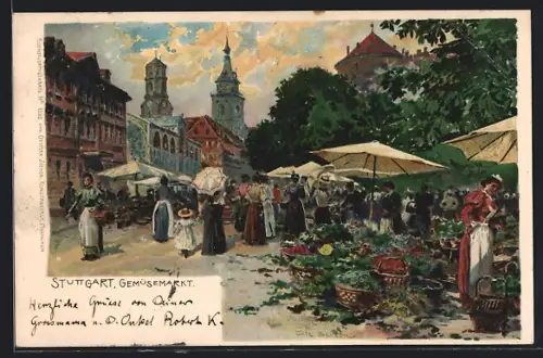 Künstler-Lithographie Fritz Bergen: Stuttgart, Marktstände auf dem Gemüsemarkt, Marktszene