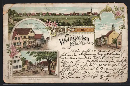 Lithographie Weingarten /Pfalz, Gasthaus zum Schwanen u. Post, Hauptstrasse, Katholische Kirche mit Gemeindehaus