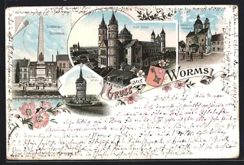 Lithographie Worms, Ludwig-Denkmal, Dom, Wasserturm, Paulus-Museum