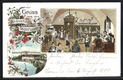 Lithographie Tegernsee, Gasthaus Braustübl, Schloss