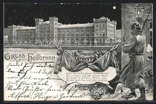 Künstler-AK Heilbronn, Kaserne bei Mondschein mit Wächter
