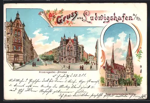 Lithographie Ludwigshafen / Rhein, Neue protestantische Kirche, Prinzregenten-Strasse