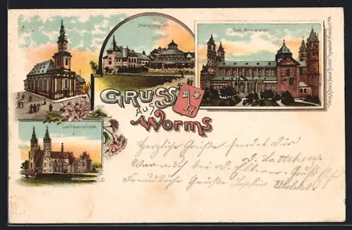 Lithographie Worms, Festspielhaus, Liebfrauenkirche, Dom von der Seitenansicht