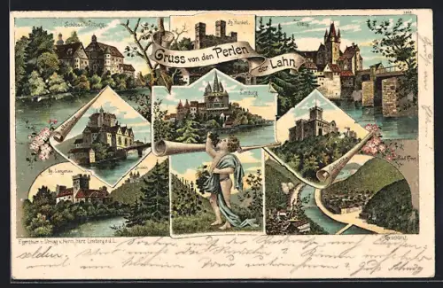 Lithographie Diez, Perlen von der Lahn, Schloss Weilburg, Burg Runkel, Marburg, Limburg, Lahneck, Burg Langenau