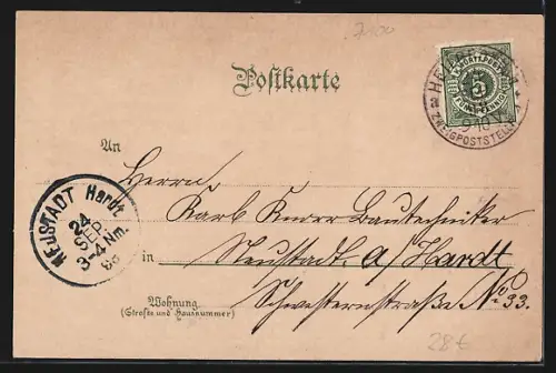 Lithographie Heilbronn, Sülmerstrasse mit Hafenmarktturm und Neckarbrücke mit Post bei Mondschein