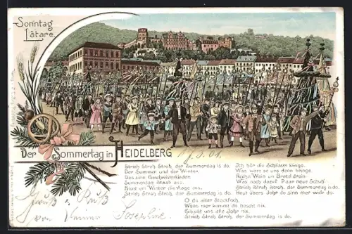 Lithographie Heidelberg, Sonntag Lätare, Der Sommertag in Heidelberg, Festliche Prozession vor Stadtpanorama