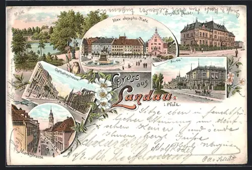 Lithographie Landau, i. Pfalz, Ostbahnstrasse, Marktstrasse, Institut-Becht