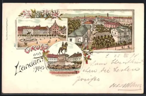 Lithographie Landau / Pfalz, Teilansicht, Hauptplatz, Luitpoldbrunnen