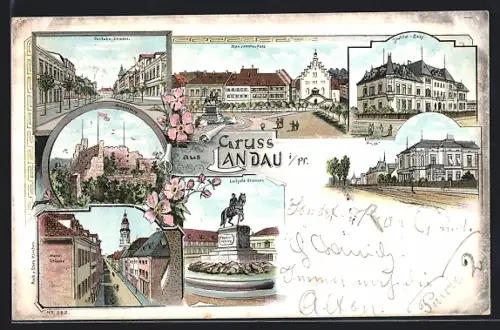 Lithographie Landau i. Pf., Madenburg, Institut-Becht, Luitpold-Brunnen