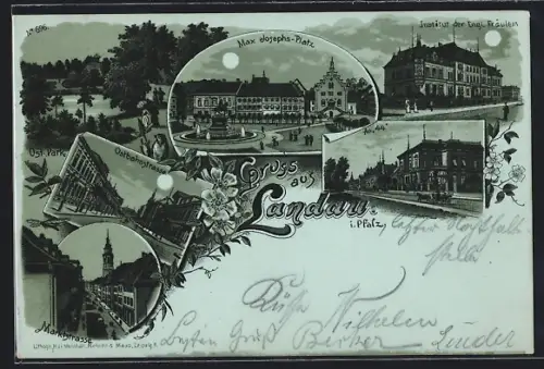 Mondschein-Lithographie Landau i. Pf., Institut der Englischen Fräulein, Max Josephs-Platz, Ostbahnstrasse