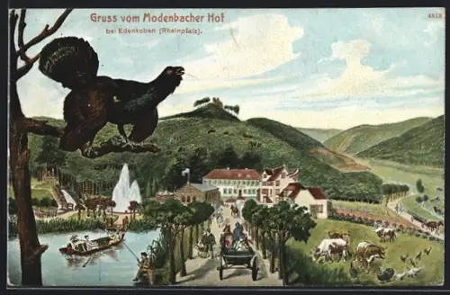 Vorläufer-Lithographie Edenkoben /Rheinpfalz, 1894, Hotel Modenbacher Hof mit Strassenpartie, Auerhahn