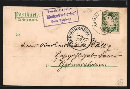 Vorläufer-Lithographie Edenkoben /Rheinpfalz, 1894, Hotel Modenbacher Hof mit Strassenpartie, Auerhahn