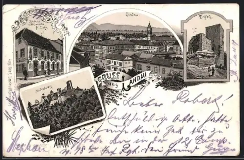 Lithographie Landau / Pfalz, Bodega u. Weingasthaus A. Siehl, Madenburg, Trifels