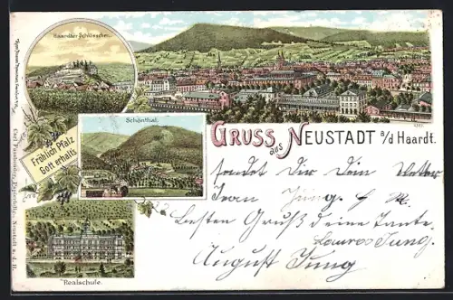 Lithographie Neustadt a. d. Haardt, Haardter Schlösschen, Realschule, Schönthal