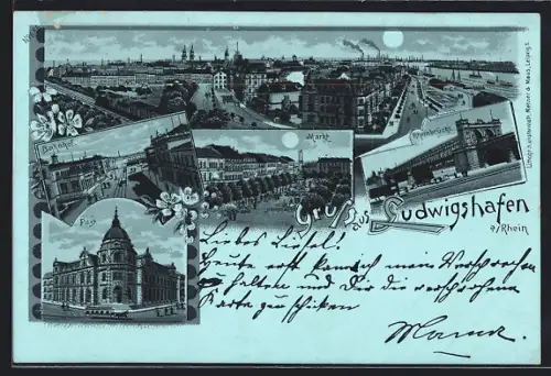 Mondschein-Lithographie Ludwigshafen a. Rhein, Post, Bahnhof, Rheinbrücke