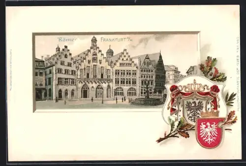 Passepartout-Lithographie Alt-Frankfurt, Römer mit Wappen
