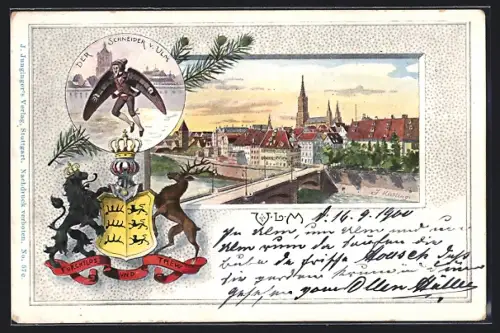 Passepartout-Lithographie Ulm / Donau, Teilansicht mit Brücke, Der Schneider von Ulm, Wappen