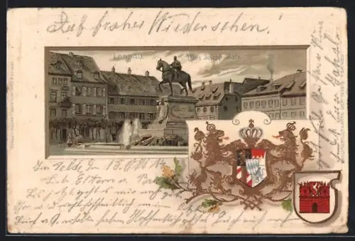 Passepartout-Lithographie Landau / Pfalz, Blick auf den Max Joseph Platz, Wappen