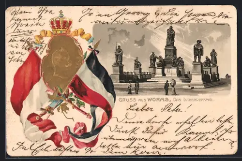 Passepartout-Lithographie Worms, Blick zum Lutherdenkmal, Fahnen