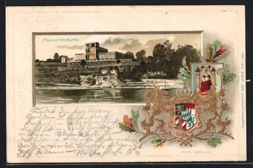 Passepartout-Lithographie Aschaffenburg, Blick auf das Pompejanum, Wappen