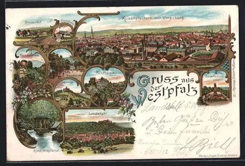 Lithographie Kaiserslautern, Falkenstein, Galgenschanze, Ortspanorama, Bremerhof