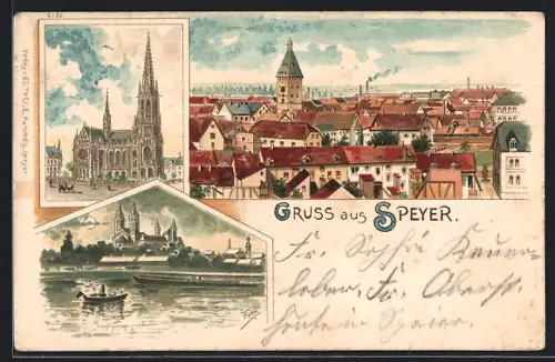 Lithographie Speyer, Teilansicht, Kirche, Uferpartie bei Mondschein