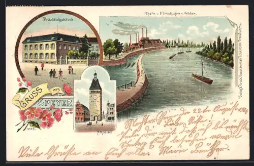 Lithographie Speyer, Präsidialgebäude, Altpörtel, Rhein u. Flosshafen v. Süden