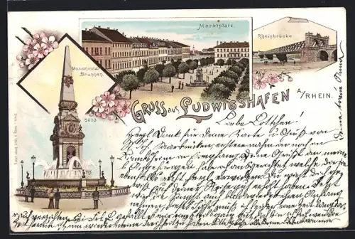 Lithographie Ludwigshafen a. Rhein, Marktplatz, Rheinbrücke, Monumental-Brunnen