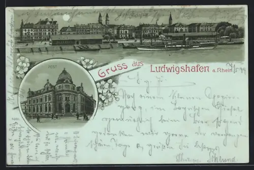 Mondschein-Lithographie Ludwigshafen a. Rhein, Teilansicht, Post