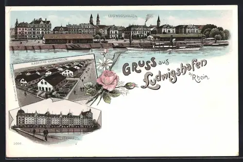 Lithographie Ludwigshafen / Rhein, Hafenpartie, Arbeiterwohnungen, Lagerhaus