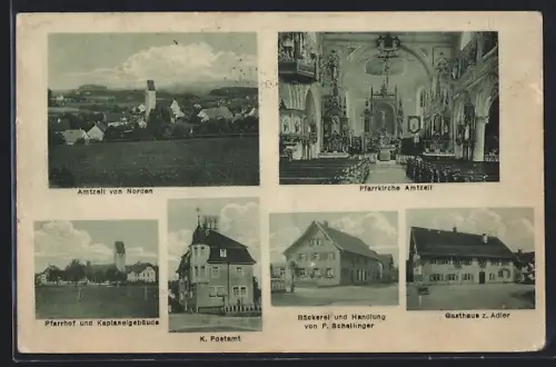 AK Amtzell, Gasthaus zum Adler, Bäckerei P. Schellinger, Postamt, Ortsansicht von Norden