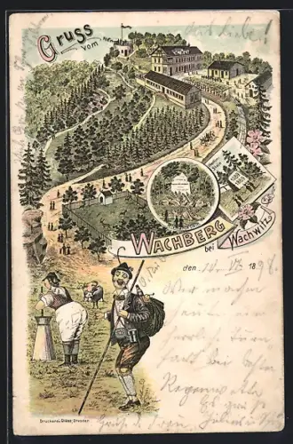 Lithographie Dresden-Wachwitz, Wachberg mit Gastwirtschaft, Wettin-Stein und Bismarck-Stein