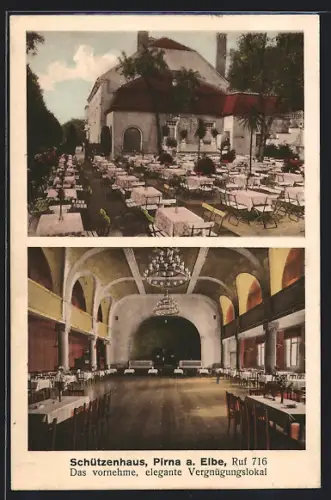 AK Pirna a. Elbe, Gaststätte Schützenhaus mit Garten und Bühnensaal
