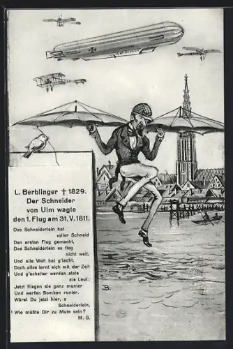 Künstler-AK Ulm / Donau, Schneider Berblinger wagte den 1. Flug 1811, Ortspartie mit Zeppelin
