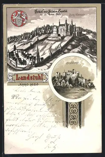Lithographie Landstuhl, Burg Sickingen, Burg Nannstein, Wappen