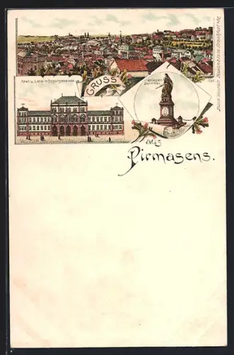 Lithographie Pirmasens, Real- und Latein-Schulgebäude, Kriegerdenkmal, Teilansicht der Stadt