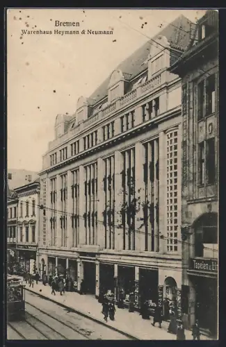 AK Bremen, Warenhaus Heymann & Neumann mit Strassenbahn aus der Vogelschau