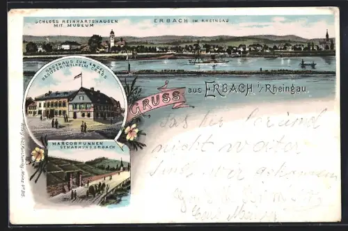Lithographie Erbach i. Rheingau, Gasthaus zum Engel W. Crass, Marcobrunnen Gemarkung Erbach, Ortspanorama mit Schloss