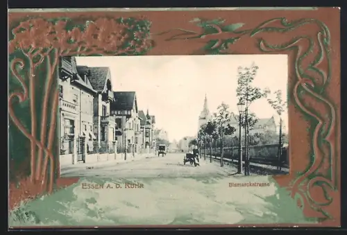 Präge-AK Essen /Ruhr, Bismarckstrasse mit Turmgebäude, Ornament-Passepartout mit Baum